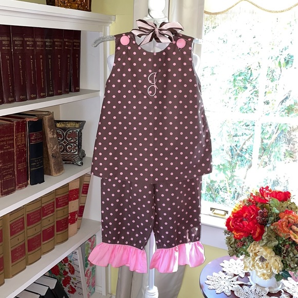 Girls Boutique Pink Polka Dot Monogram J Ruffle Pants Set With Custom Bow - Picture 1 of 8